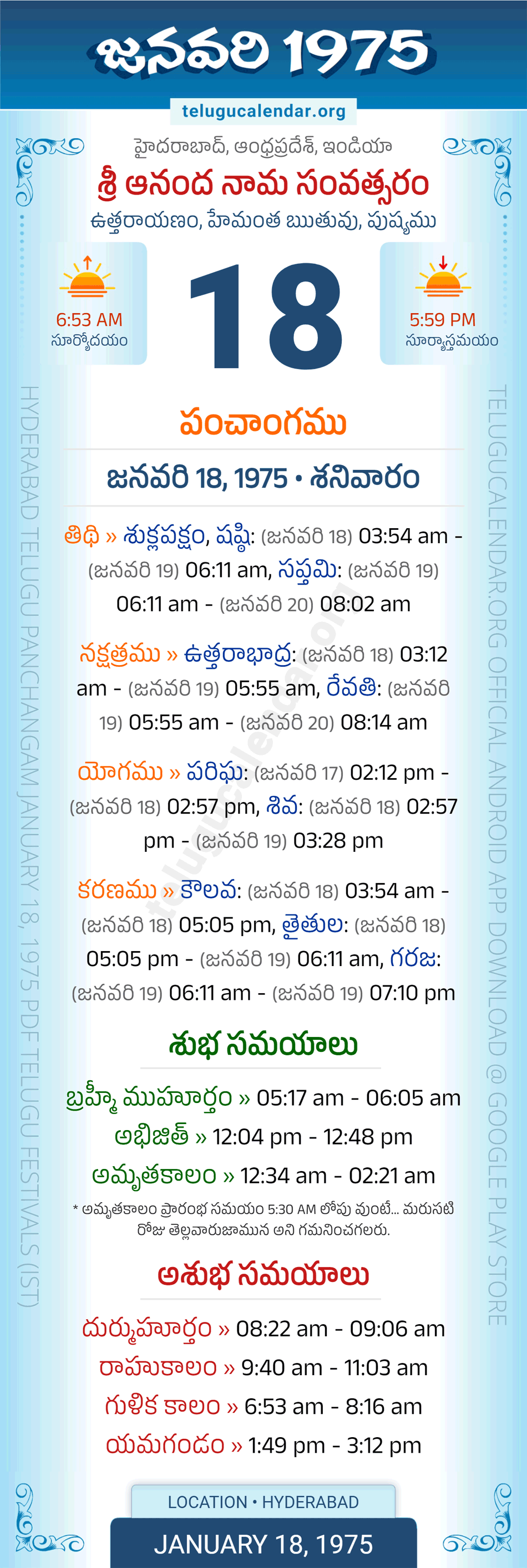 January 18, 1975 Telugu Calendar Panchangam Daily