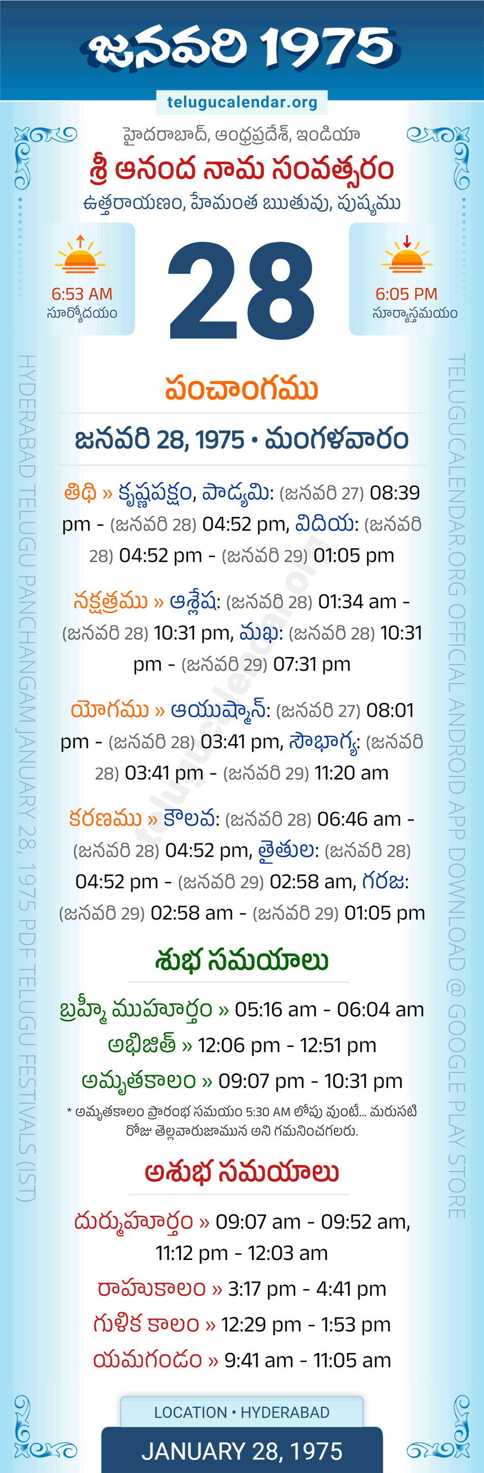 January 28, 1975 Telugu Calendar Panchangam Daily