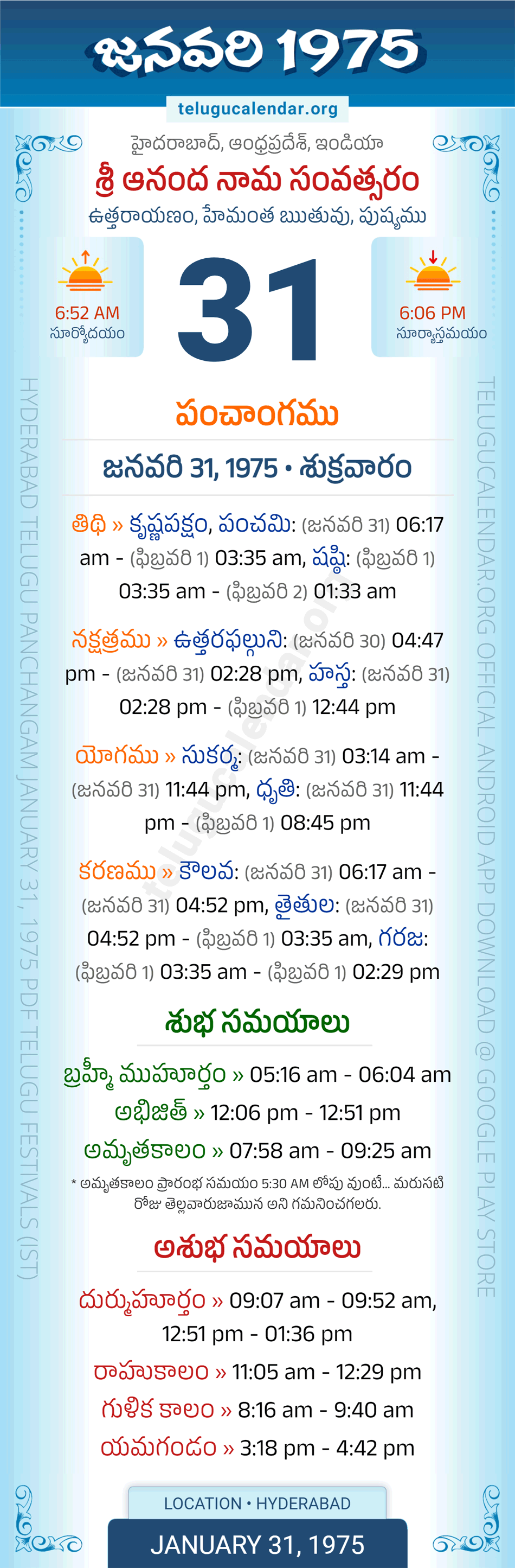 January 31, 1975 Telugu Calendar Panchangam Daily