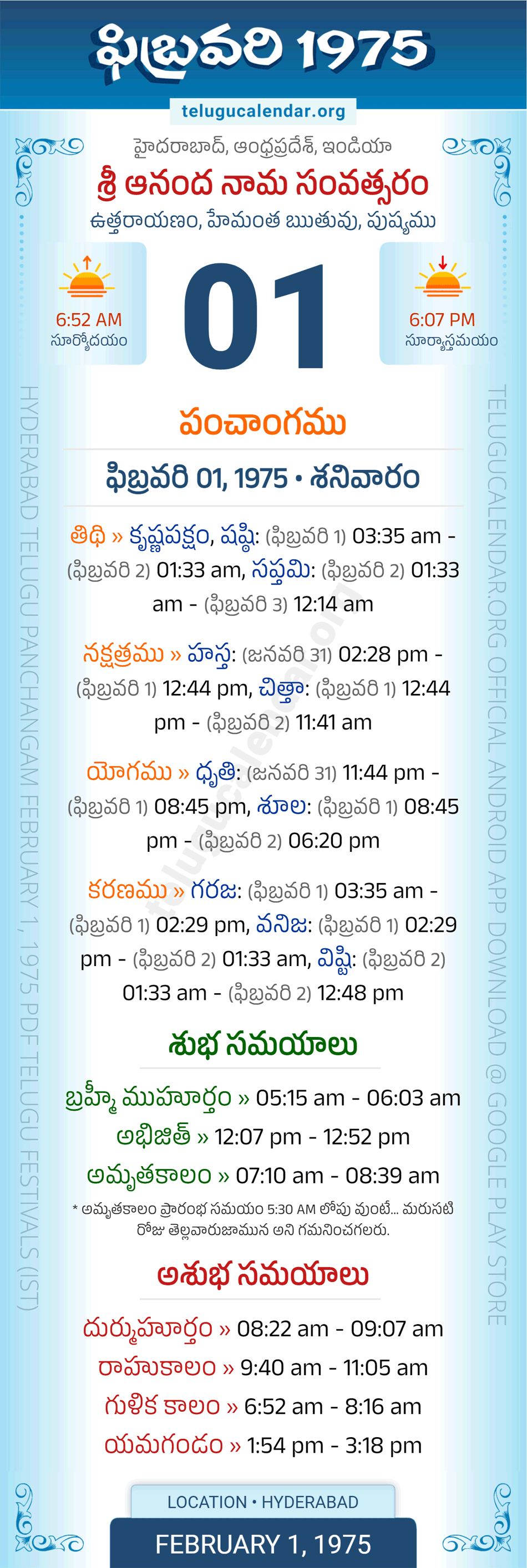 February 1, 1975 Telugu Calendar Panchangam Daily