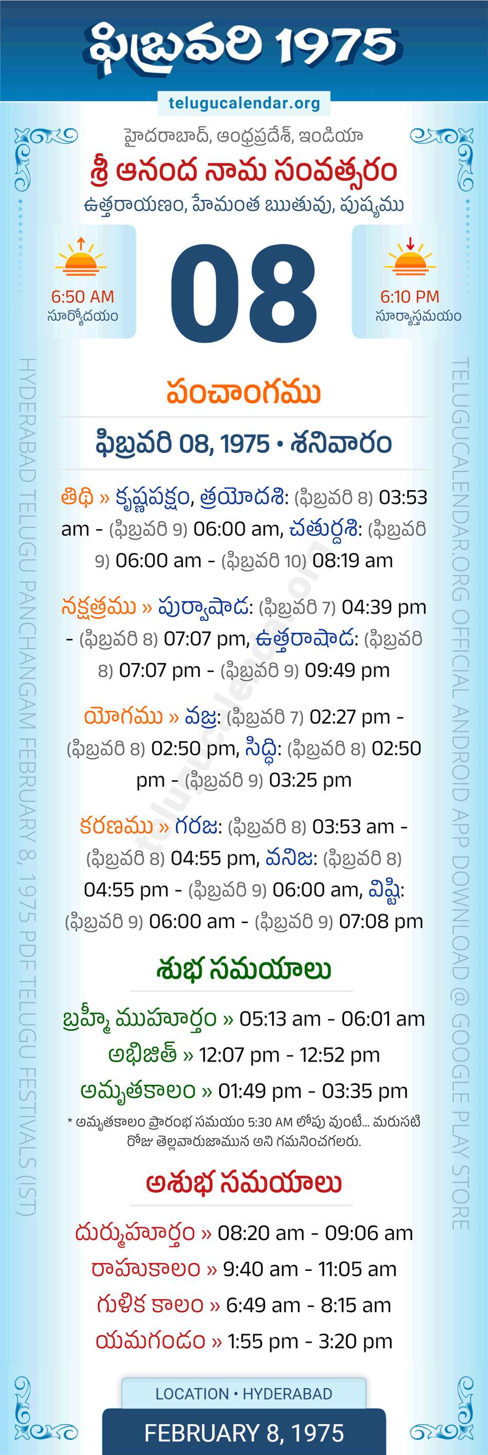 February 8, 1975 Telugu Calendar Panchangam Daily