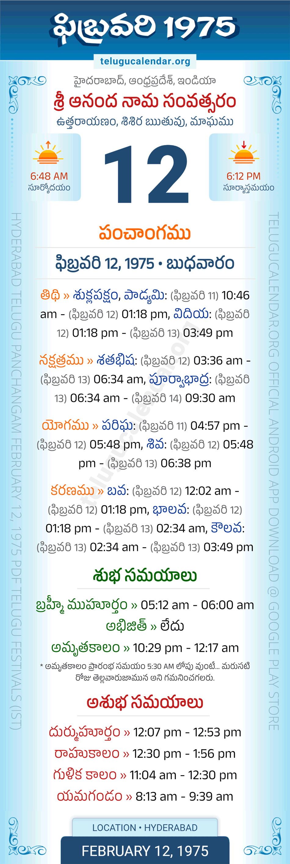 February 12, 1975 Telugu Calendar Panchangam Daily