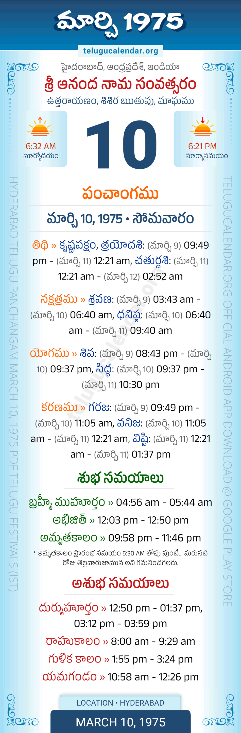 March 10, 1975 Telugu Calendar Panchangam Daily