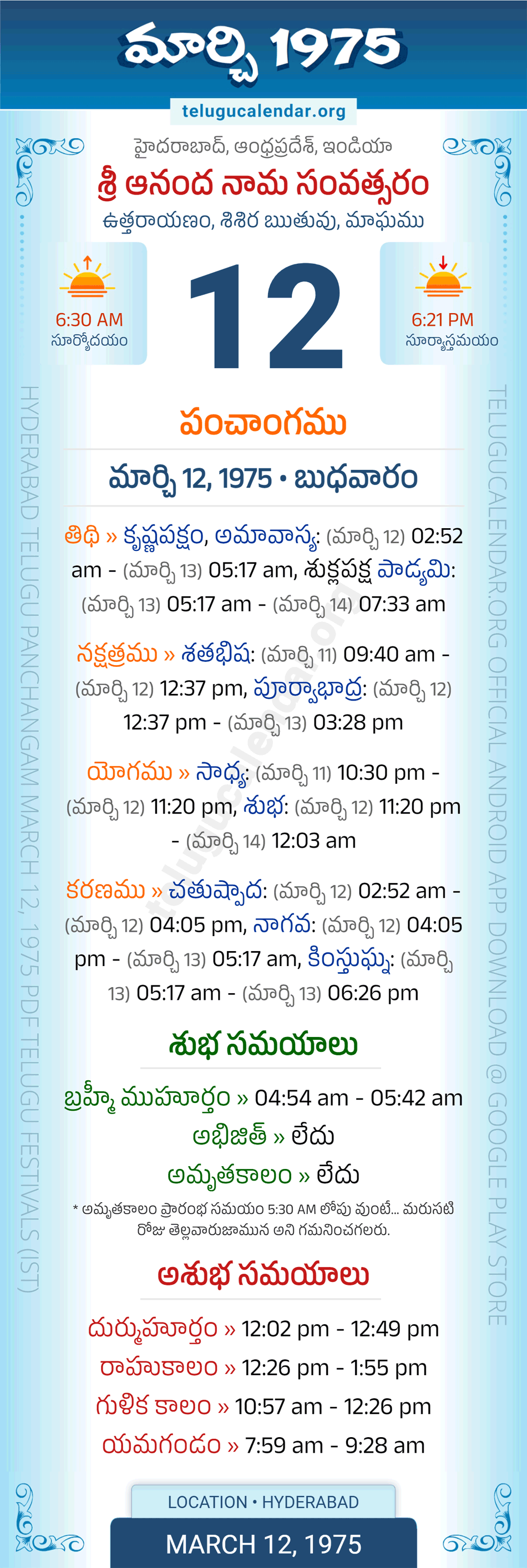 March 12, 1975 Telugu Calendar Panchangam Daily