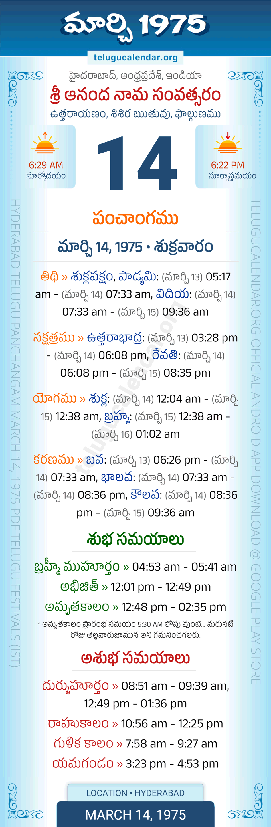 March 14, 1975 Telugu Calendar Panchangam Daily