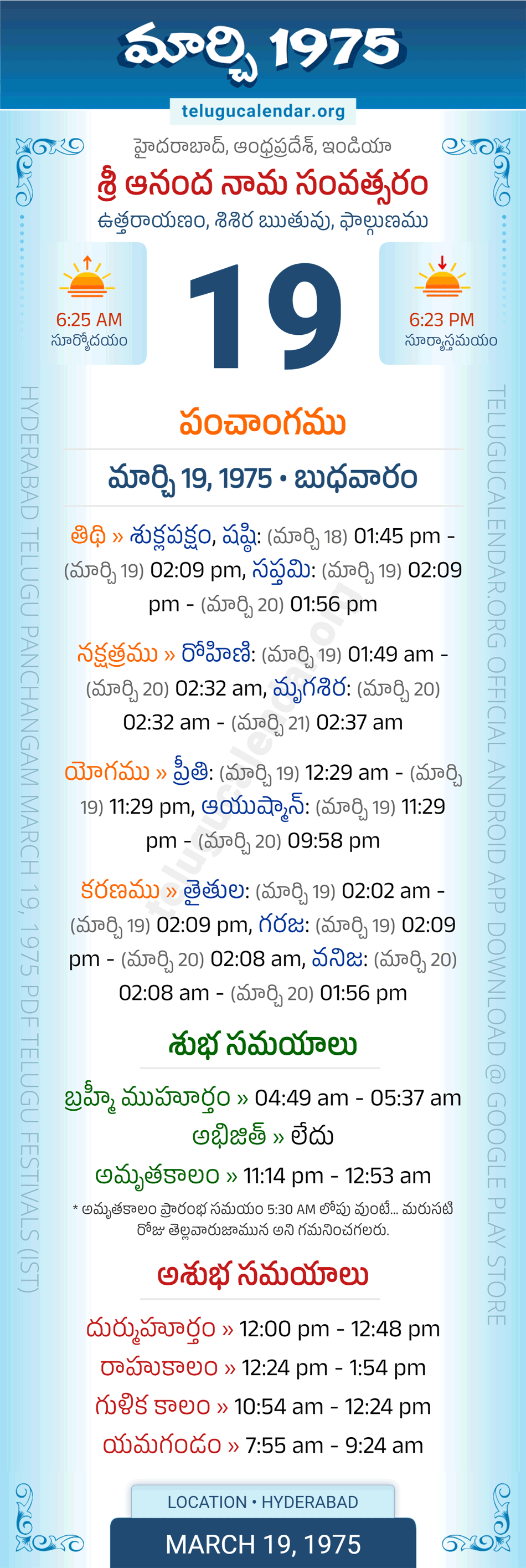 March 19, 1975 Telugu Calendar Panchangam Daily