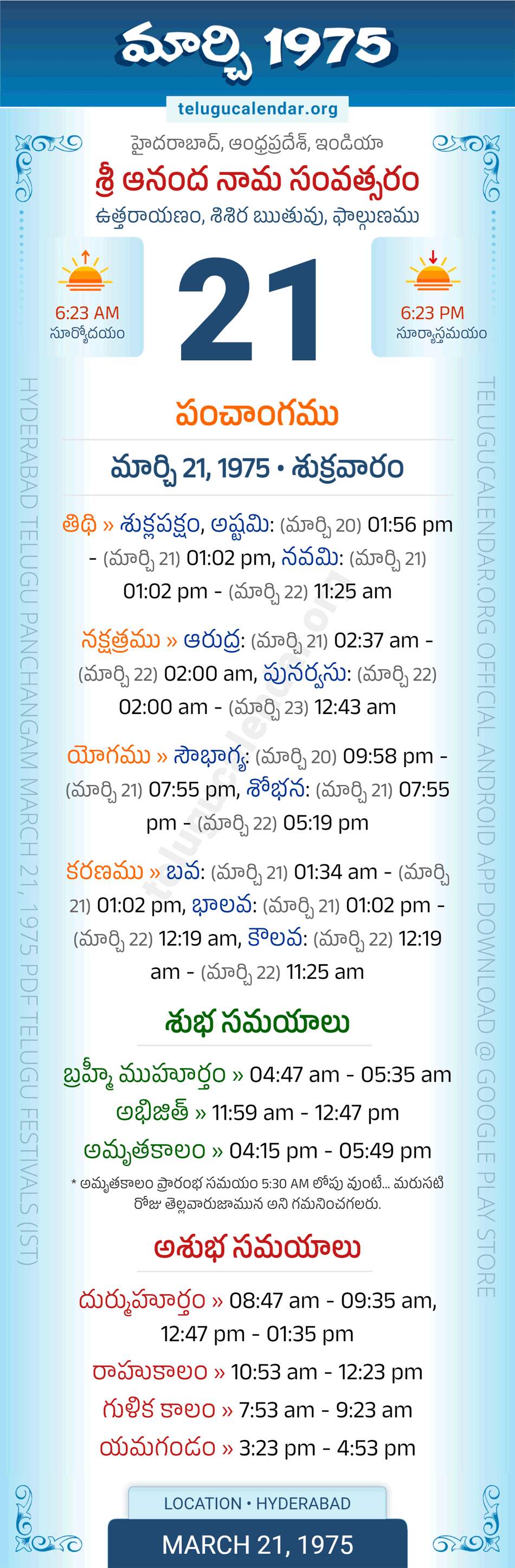 March 21, 1975 Telugu Calendar Panchangam Daily