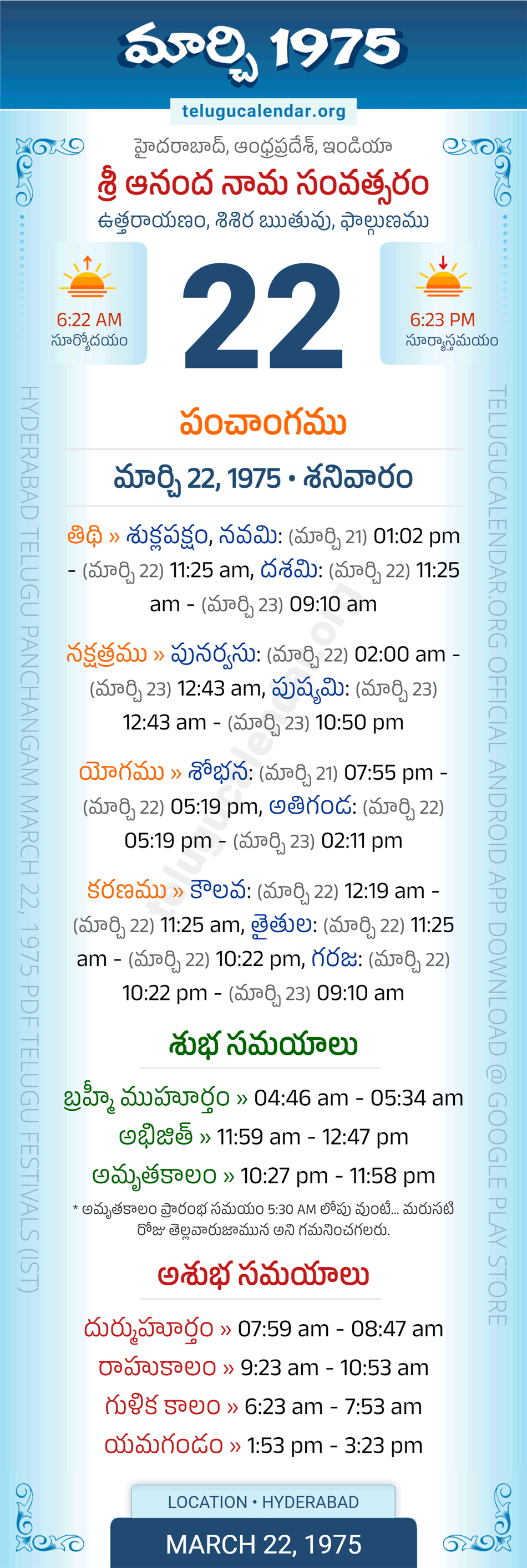 March 22, 1975 Telugu Calendar Panchangam Daily