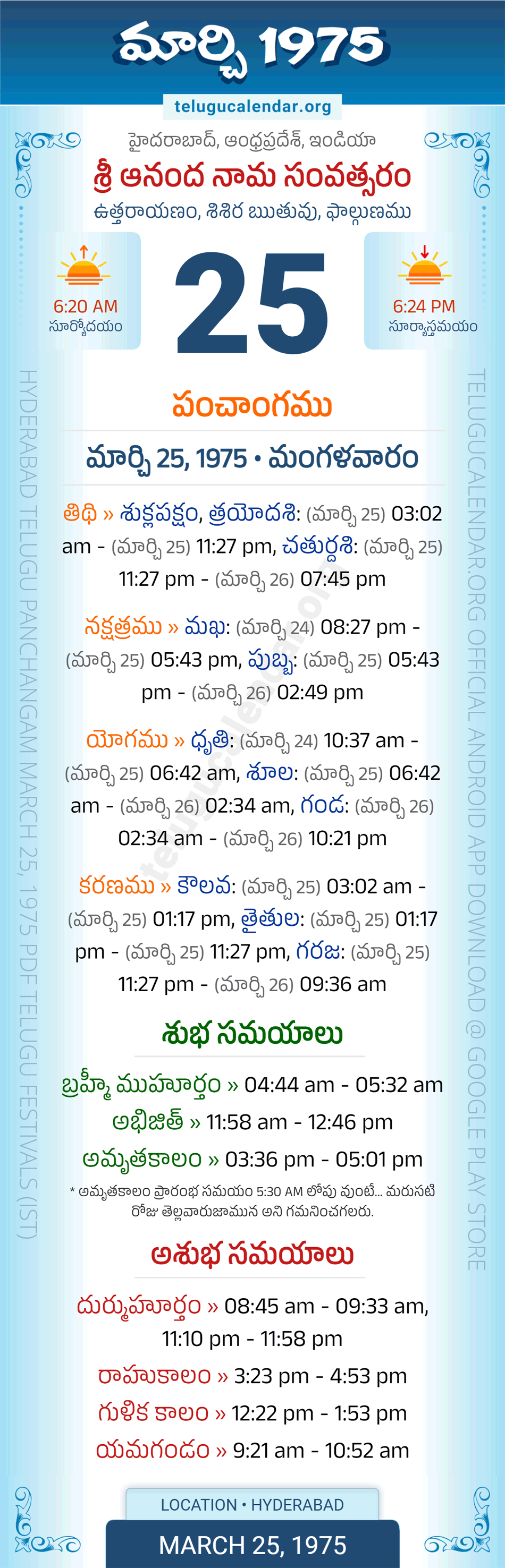 March 25, 1975 Telugu Calendar Panchangam Daily
