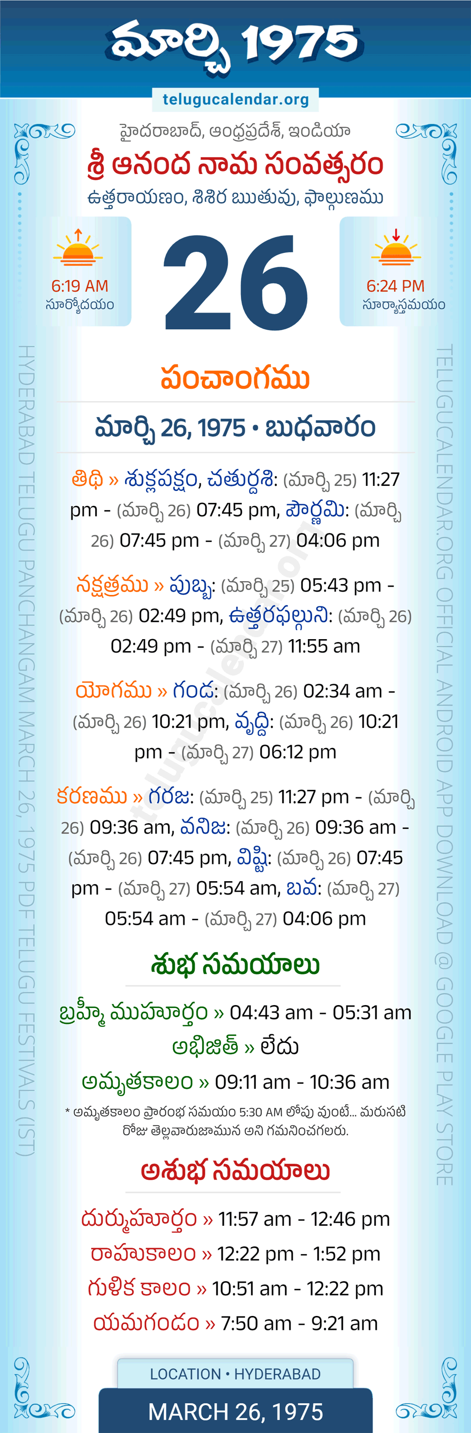 March 26, 1975 Telugu Calendar Panchangam Daily