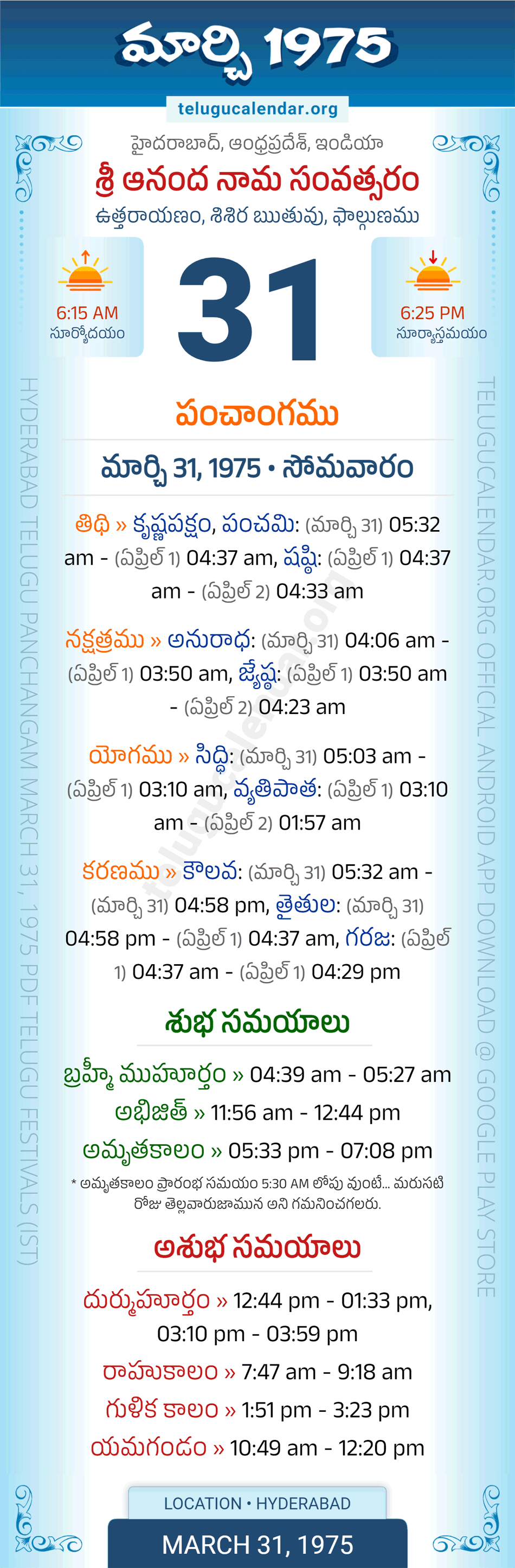 March 31, 1975 Telugu Calendar Panchangam Daily