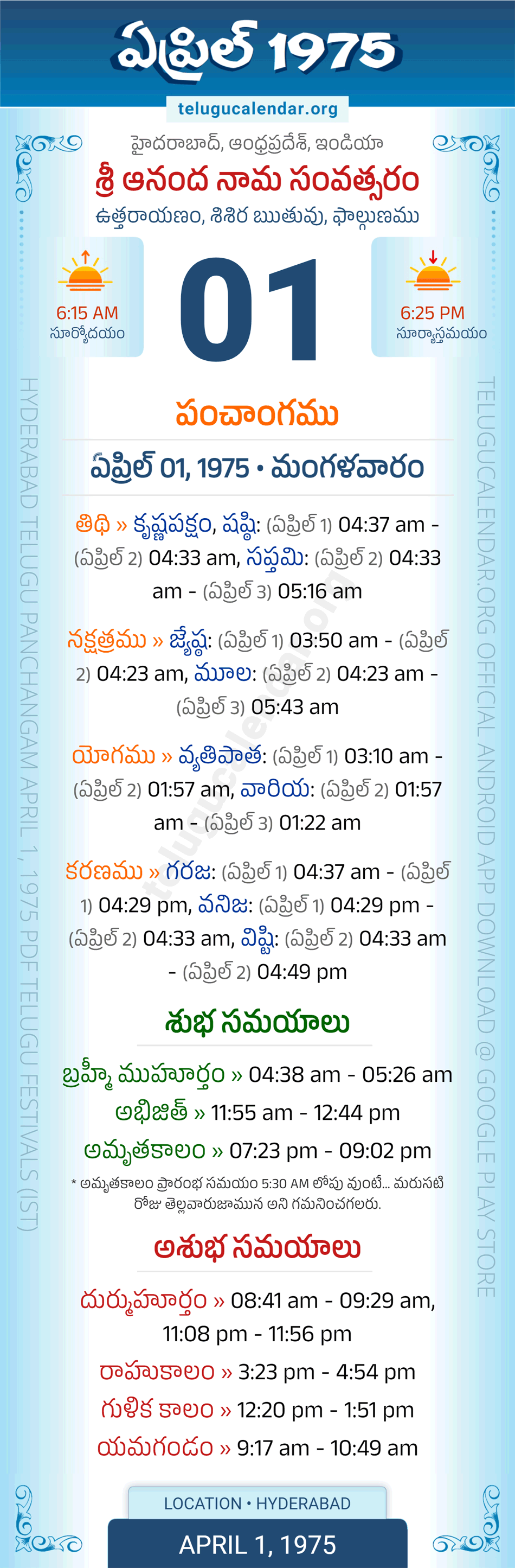 April 1, 1975 Telugu Calendar Panchangam Daily