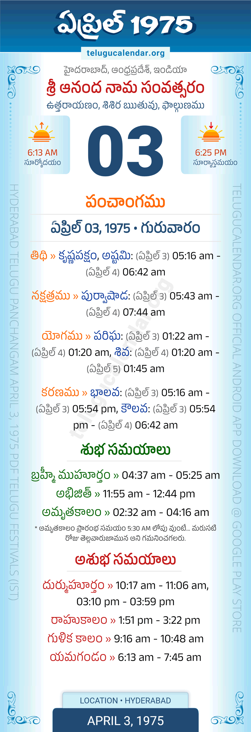 April 3, 1975 Telugu Calendar Panchangam Daily
