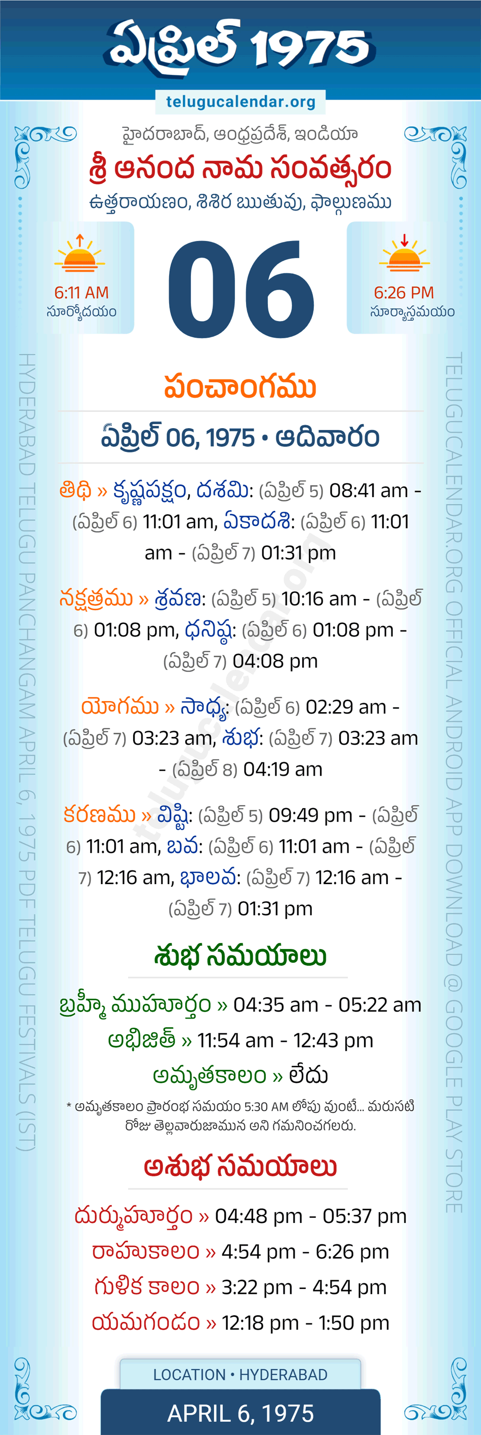 April 6, 1975 Telugu Calendar Panchangam Daily