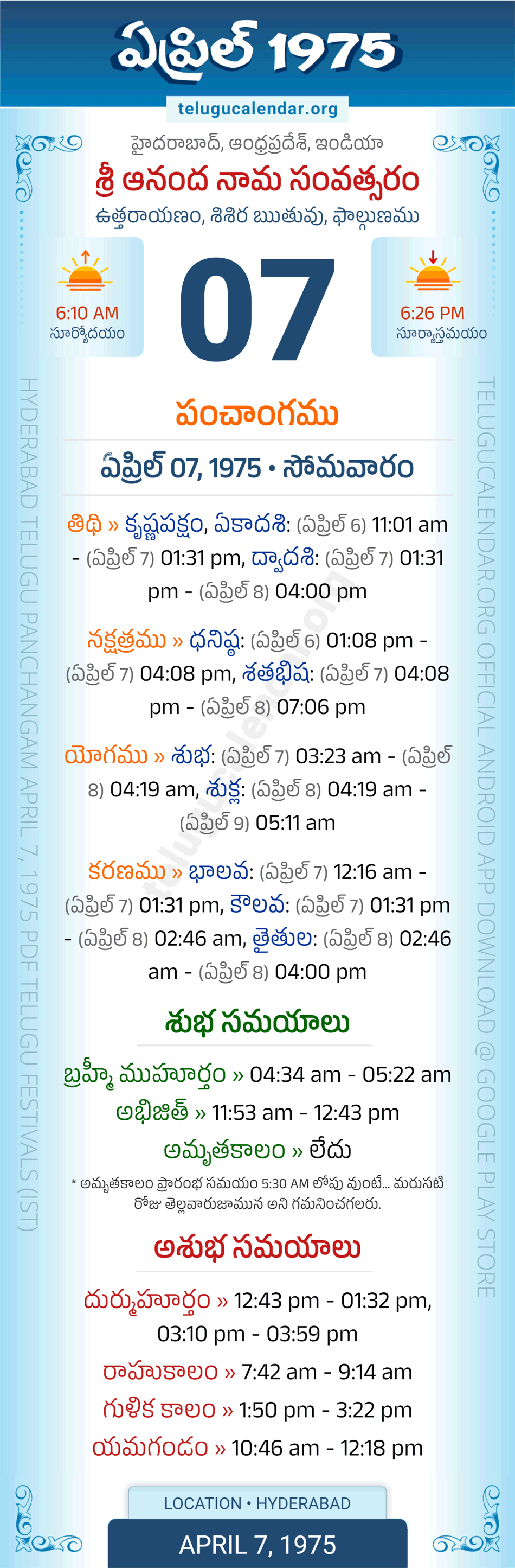 April 7, 1975 Telugu Calendar Panchangam Daily