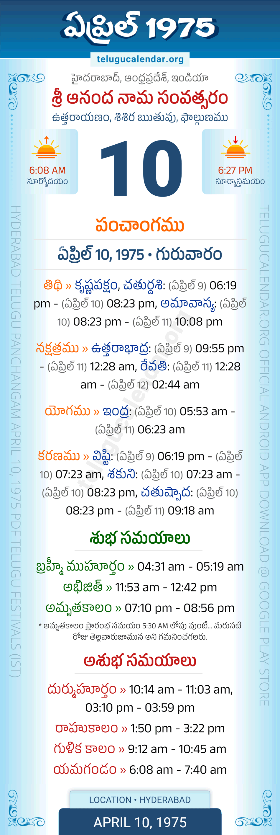 April 10, 1975 Telugu Calendar Panchangam Daily
