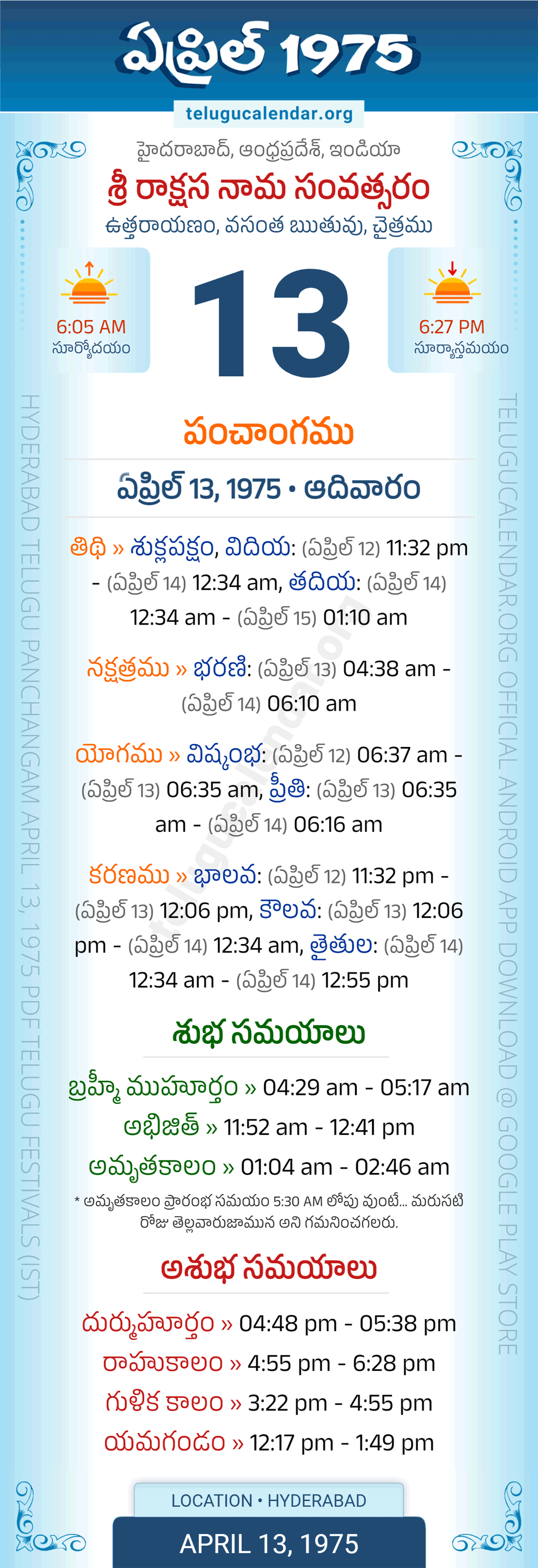 April 13, 1975 Telugu Calendar Panchangam Daily