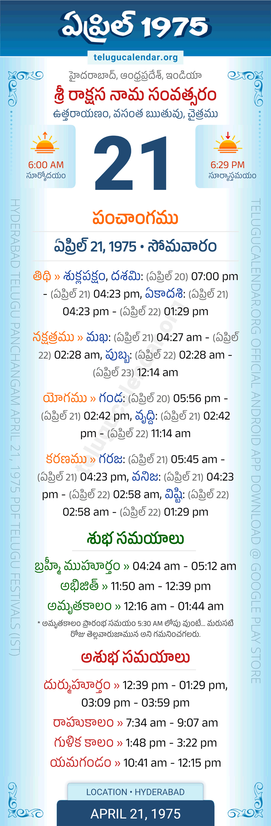 April 21, 1975 Telugu Calendar Panchangam Daily