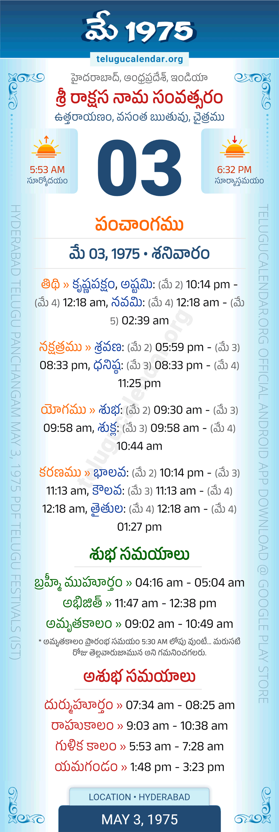 May 3, 1975 Telugu Calendar Panchangam Daily