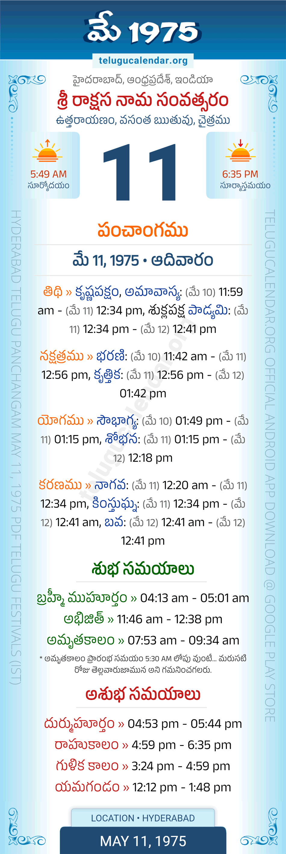 May 11, 1975 Telugu Calendar Panchangam Daily