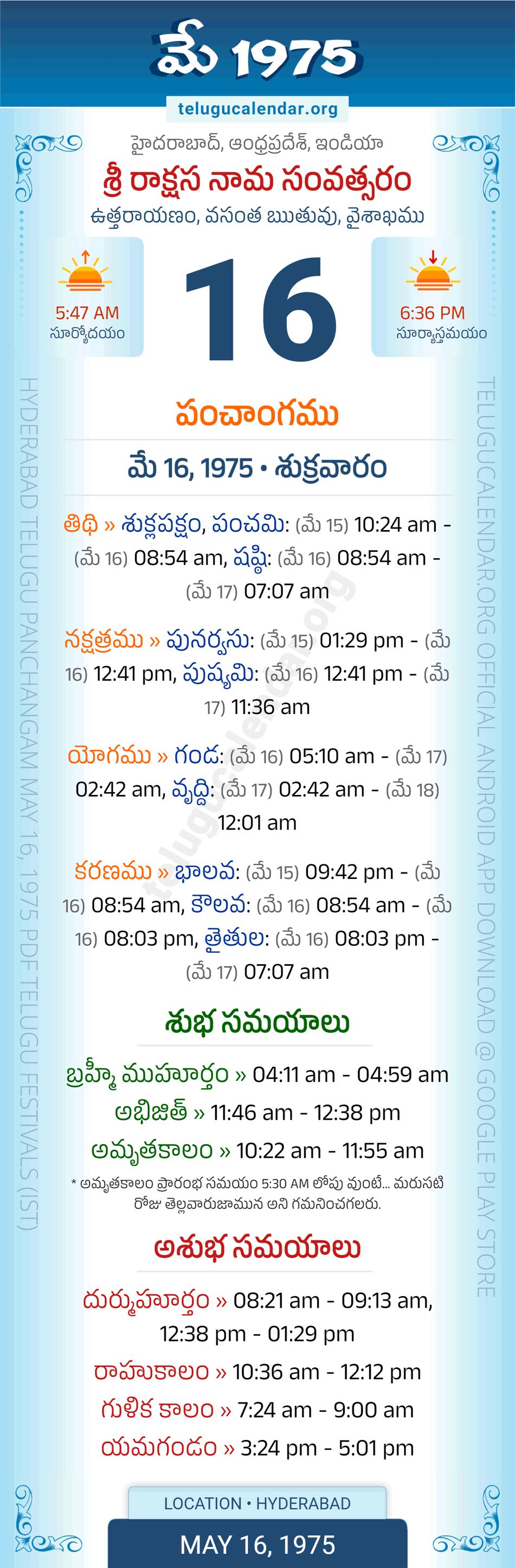 May 16, 1975 Telugu Calendar Panchangam Daily
