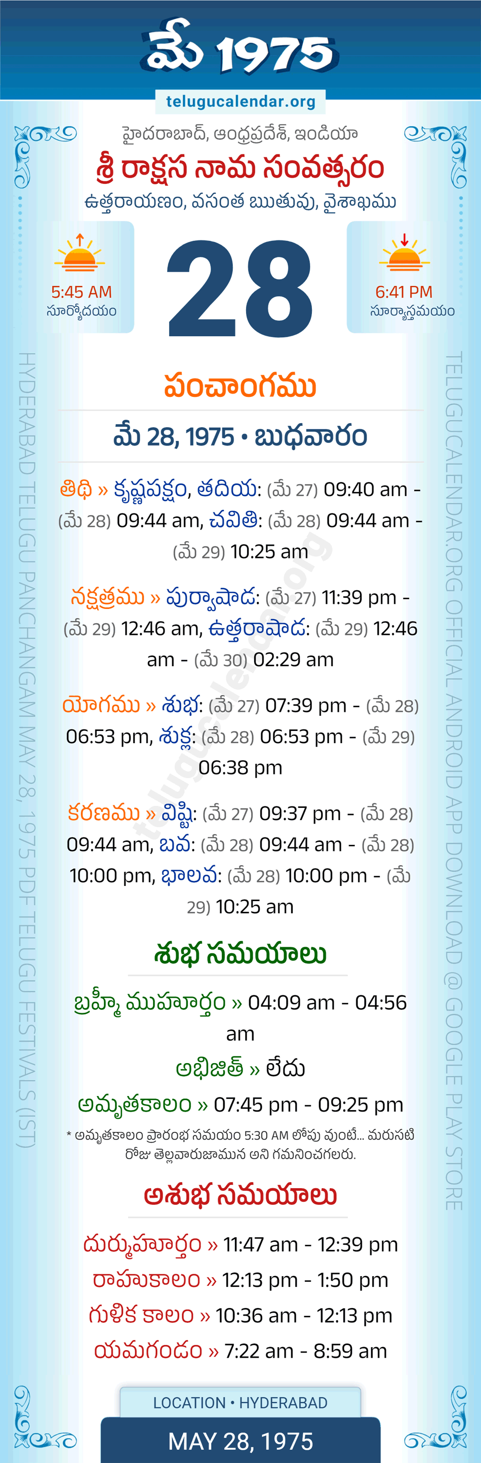 May 28, 1975 Telugu Calendar Panchangam Daily