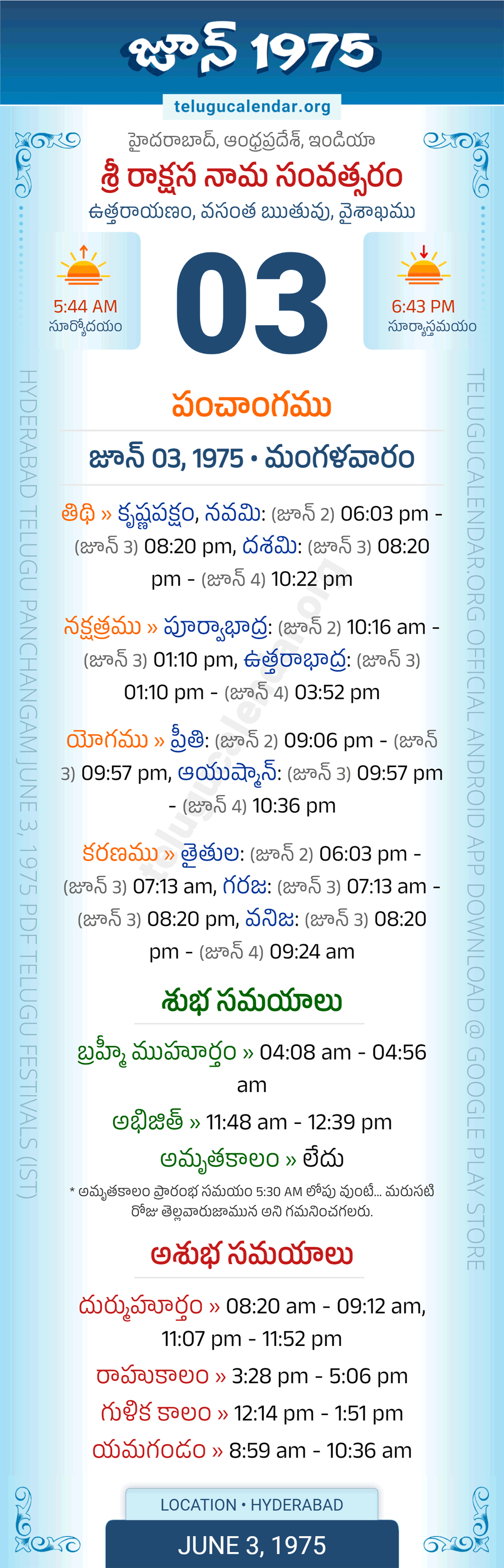 June 3, 1975 Telugu Calendar Panchangam Daily