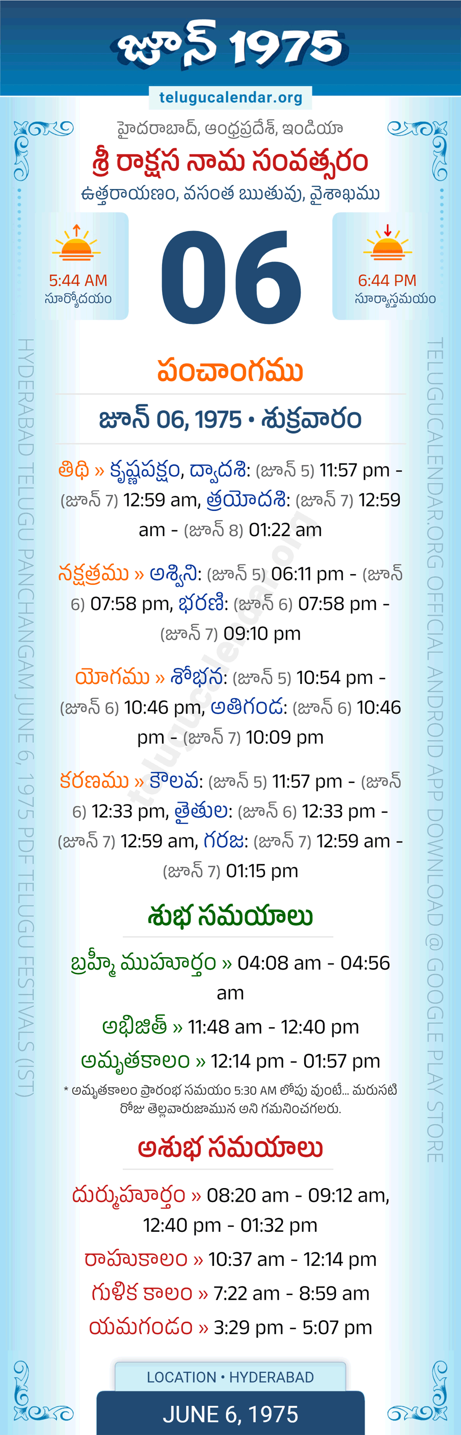 June 6, 1975 Telugu Calendar Panchangam Daily