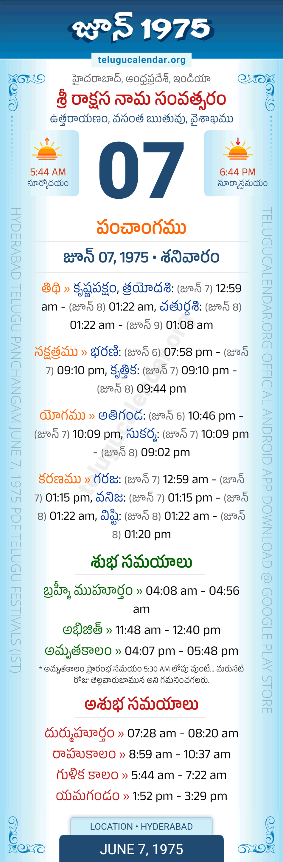 June 7, 1975 Telugu Calendar Panchangam Daily