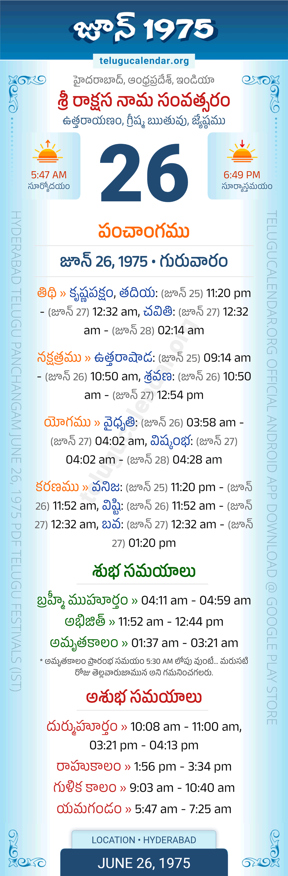 June 26, 1975 Telugu Calendar Panchangam Daily