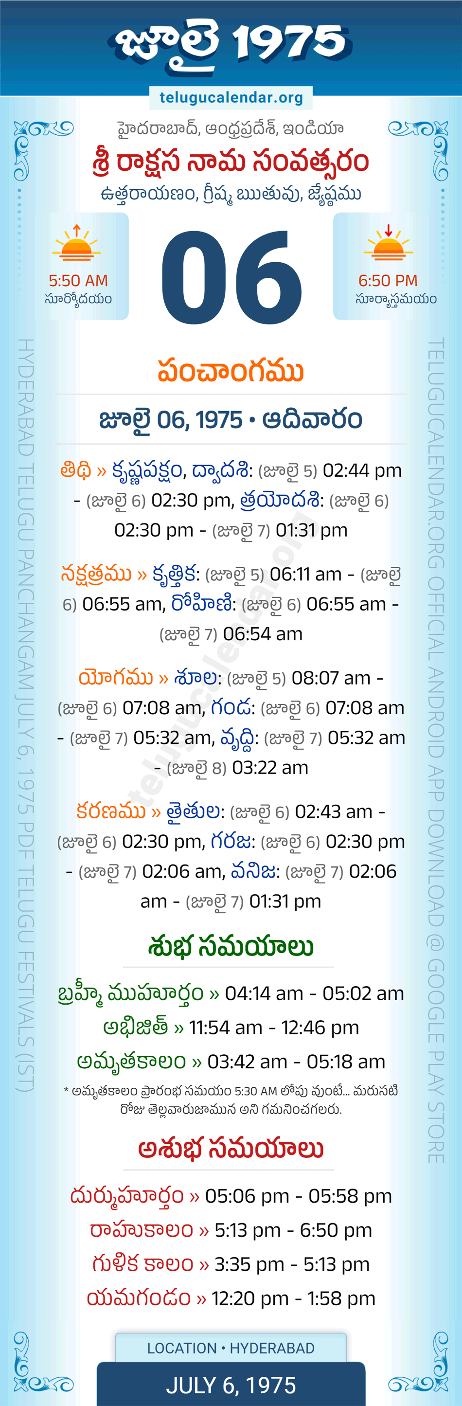 July 6, 1975 Telugu Calendar Panchangam Daily