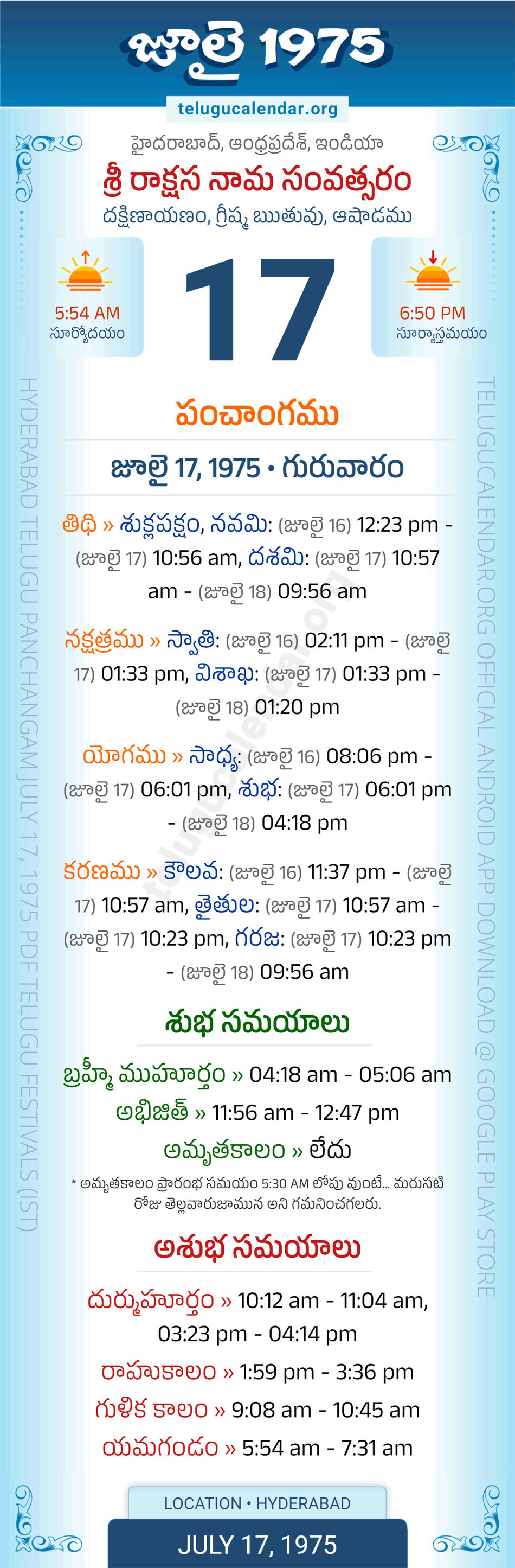 July 17, 1975 Telugu Calendar Panchangam Daily
