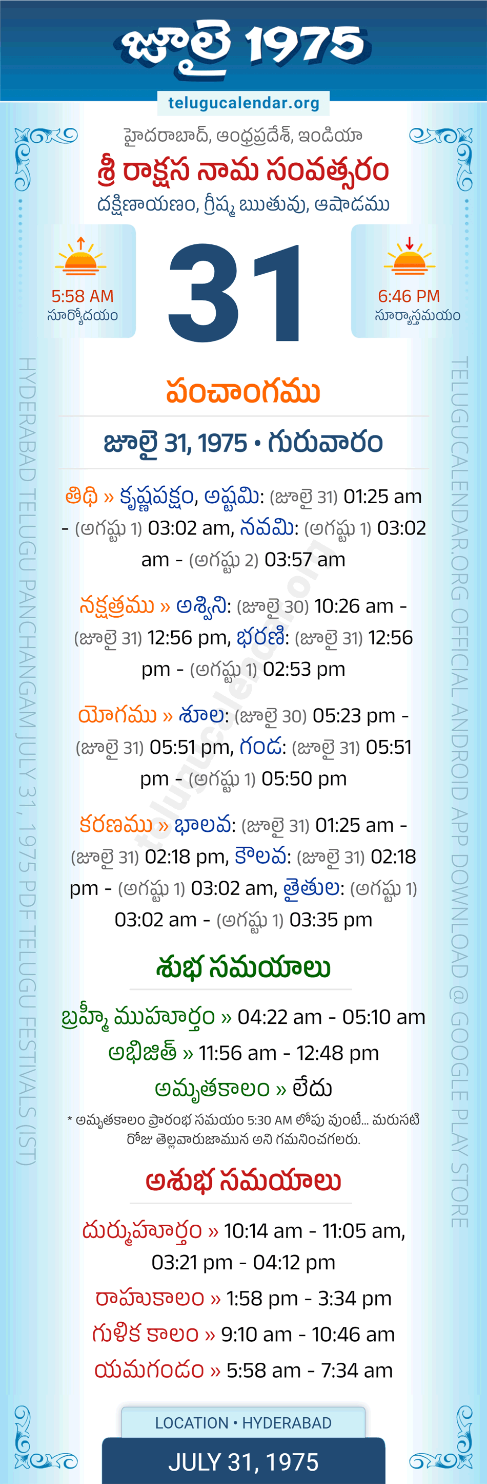 July 31, 1975 Telugu Calendar Panchangam Daily