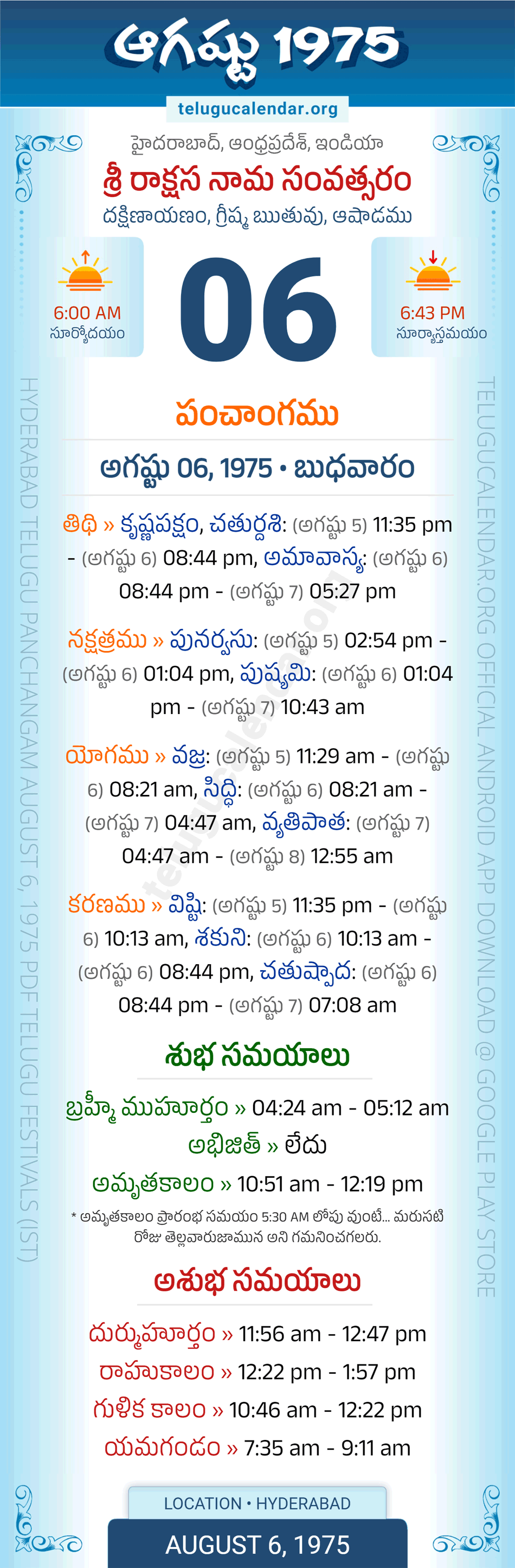 August 6, 1975 Telugu Calendar Panchangam Daily