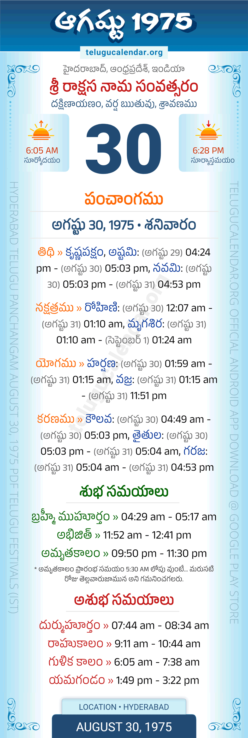 August 30, 1975 Telugu Calendar Panchangam Daily