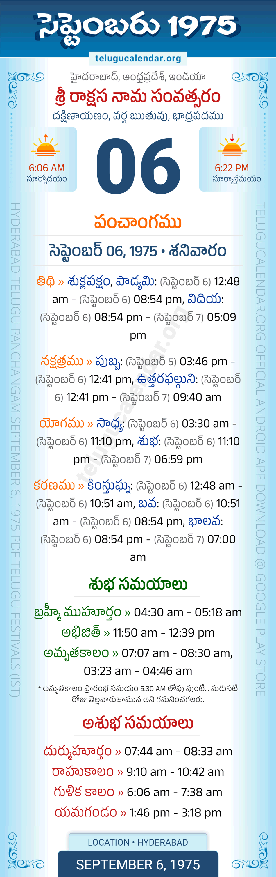 September 6, 1975 Telugu Calendar Panchangam Daily