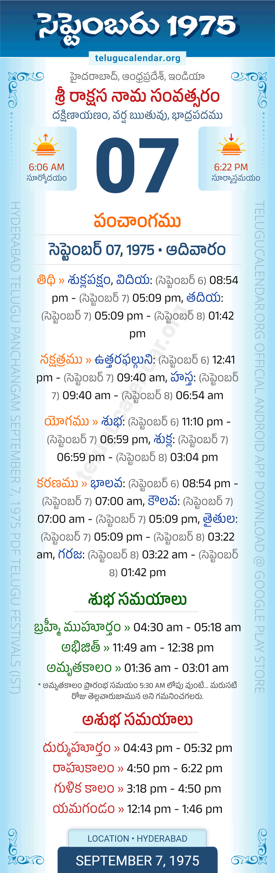 September 7, 1975 Telugu Calendar Panchangam Daily
