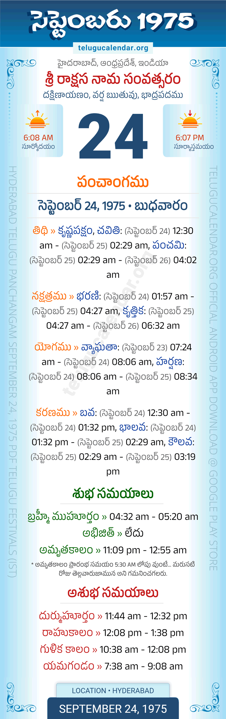 September 24, 1975 Telugu Calendar Panchangam Daily