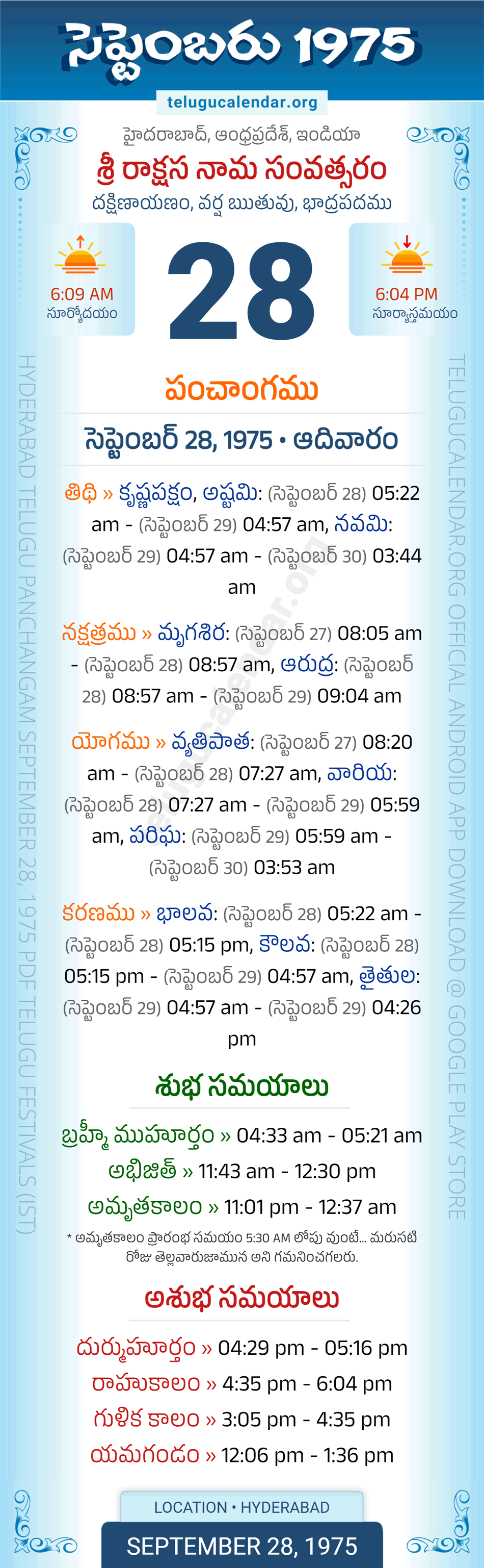 September 28, 1975 Telugu Calendar Panchangam Daily