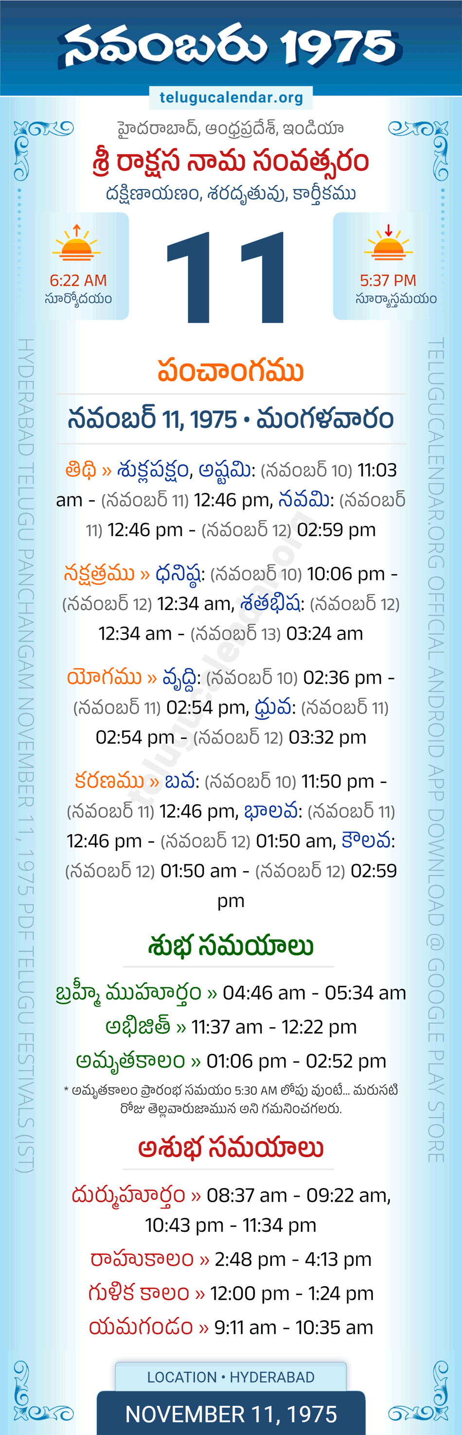 November 11, 1975 Telugu Calendar Panchangam Daily