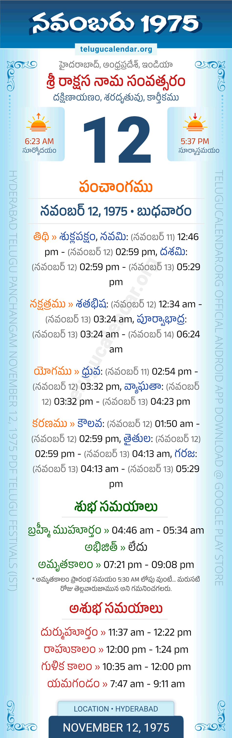 November 12, 1975 Telugu Calendar Panchangam Daily