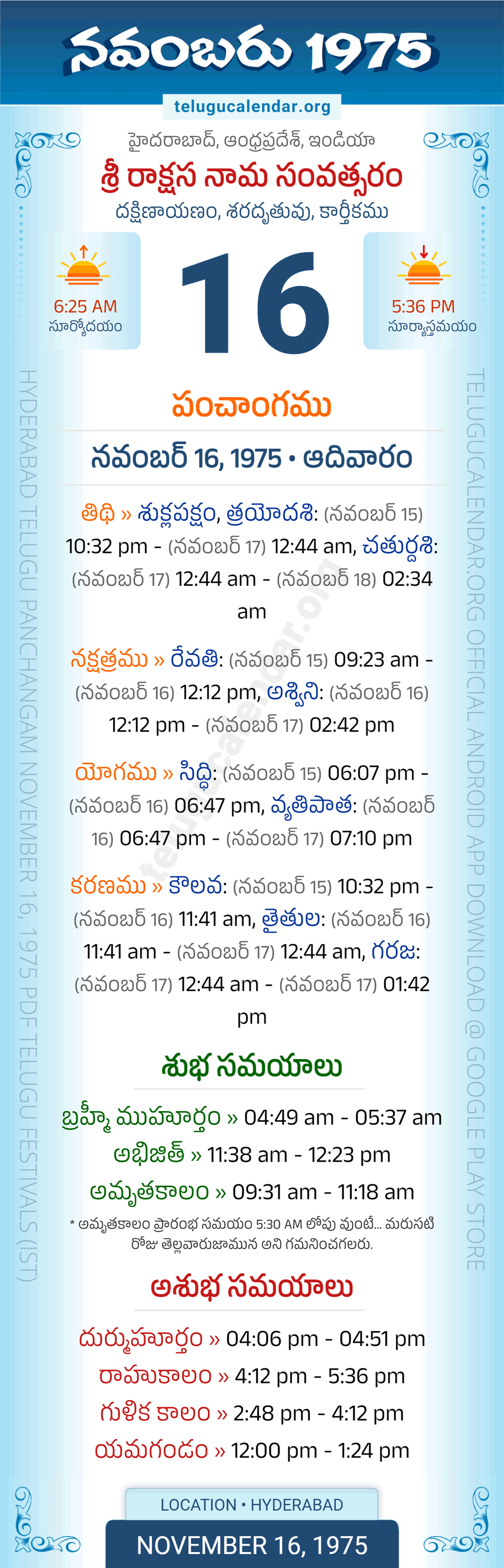 November 16, 1975 Telugu Calendar Panchangam Daily