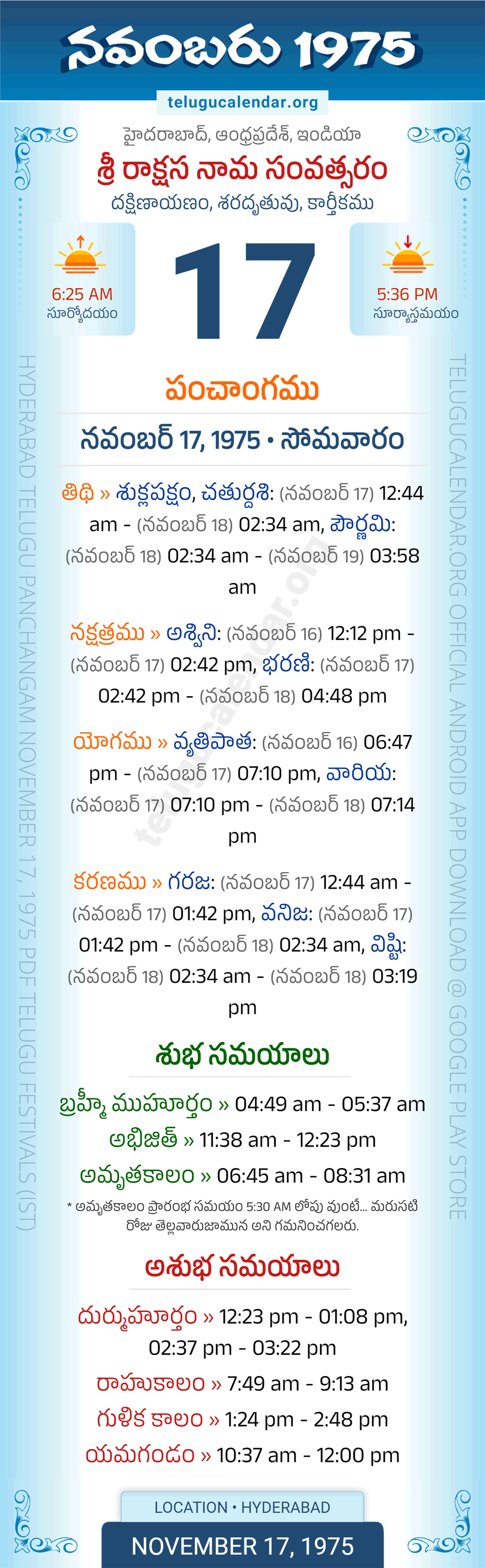 November 17, 1975 Telugu Calendar Panchangam Daily