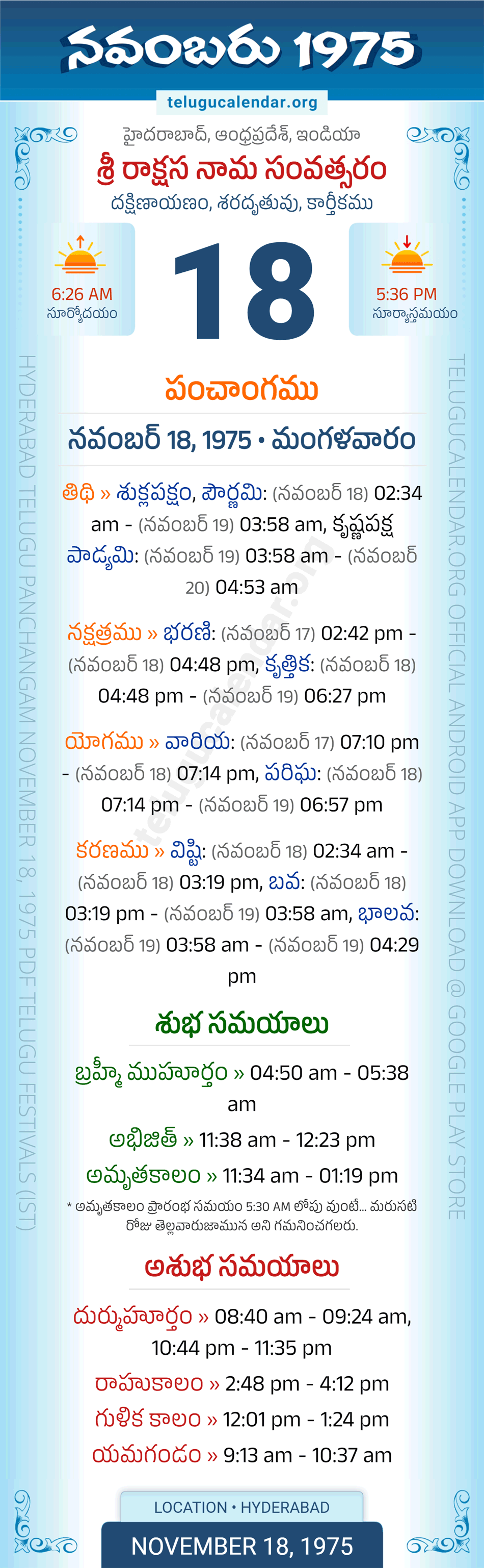 November 18, 1975 Telugu Calendar Panchangam Daily