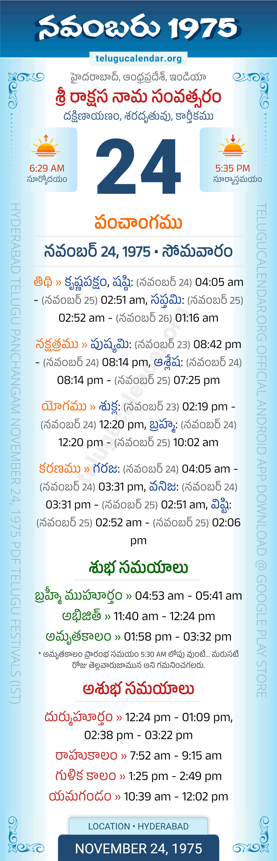 November 24, 1975 Telugu Calendar Panchangam Daily