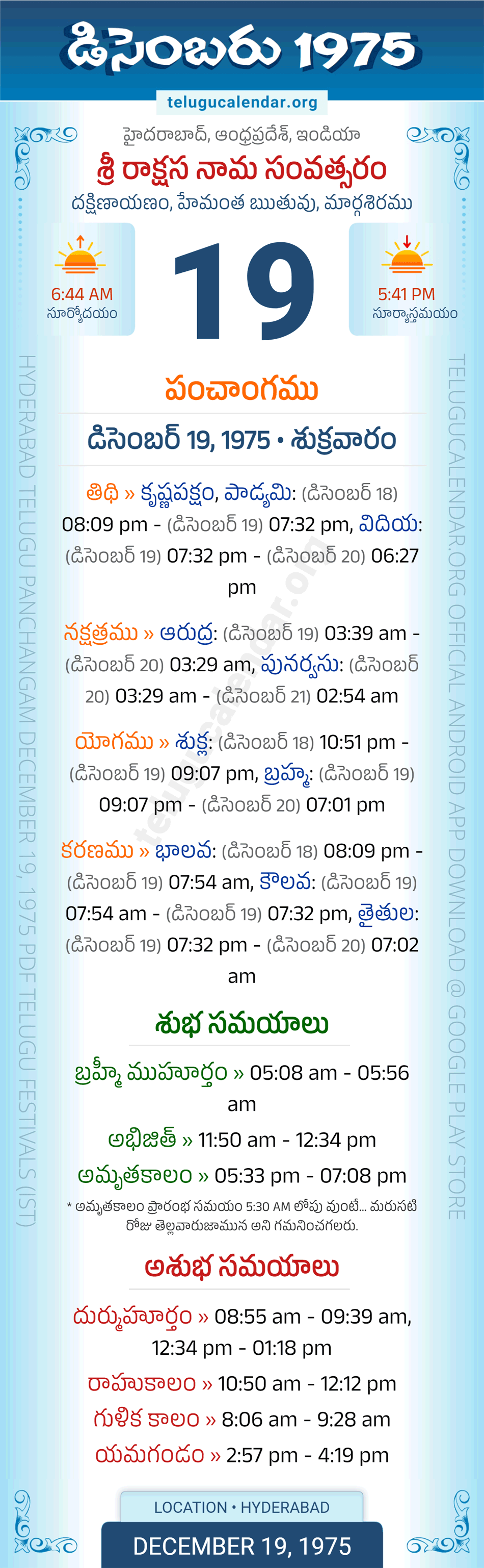 December 19, 1975 Telugu Calendar Panchangam Daily