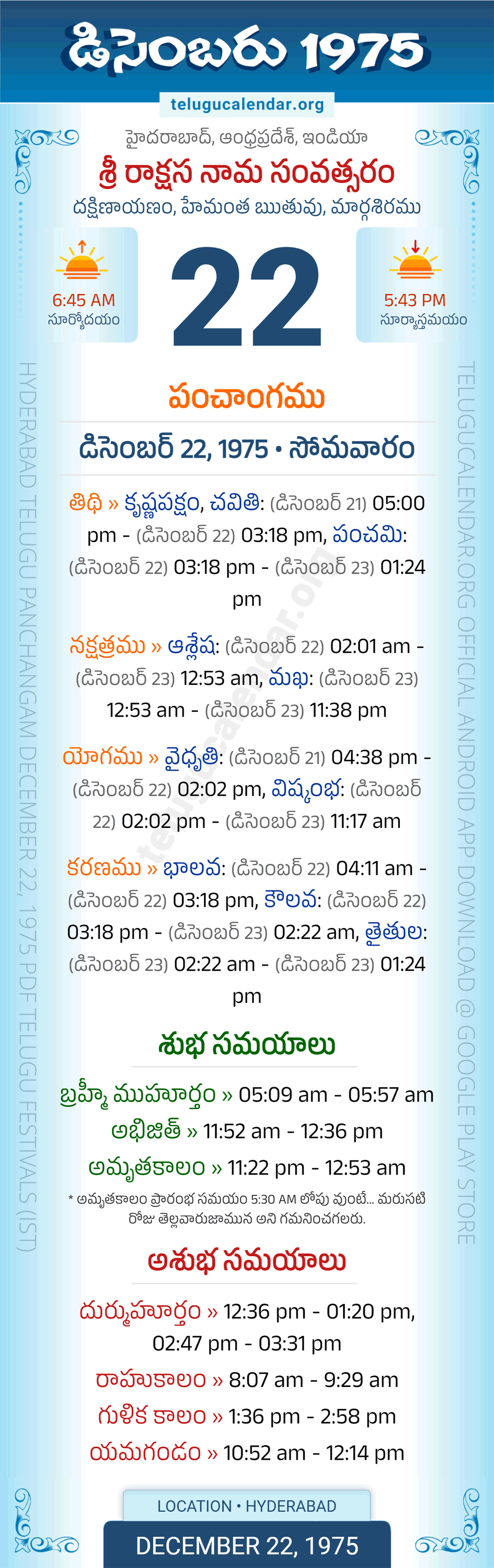 December 22, 1975 Telugu Calendar Panchangam Daily