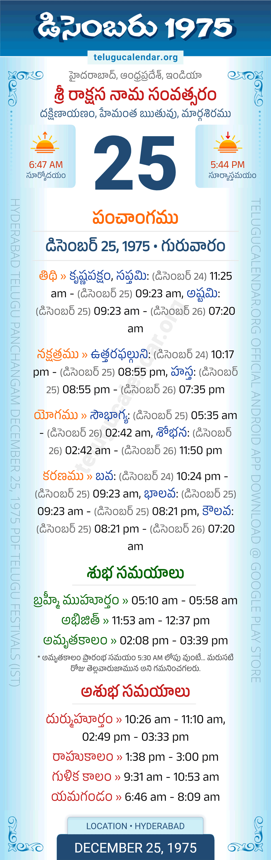 December 25, 1975 Telugu Calendar Panchangam Daily