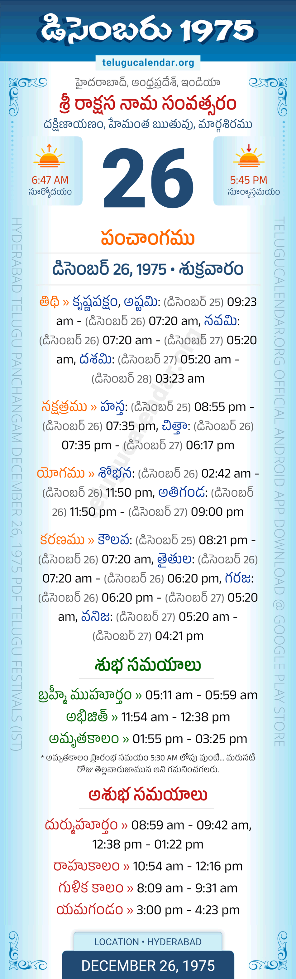 December 26, 1975 Telugu Calendar Panchangam Daily