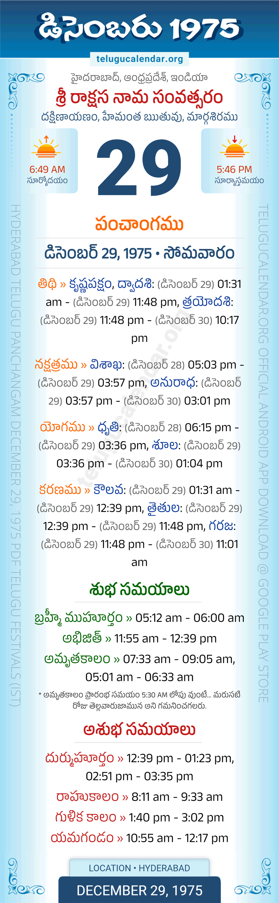 December 29, 1975 Telugu Calendar Panchangam Daily